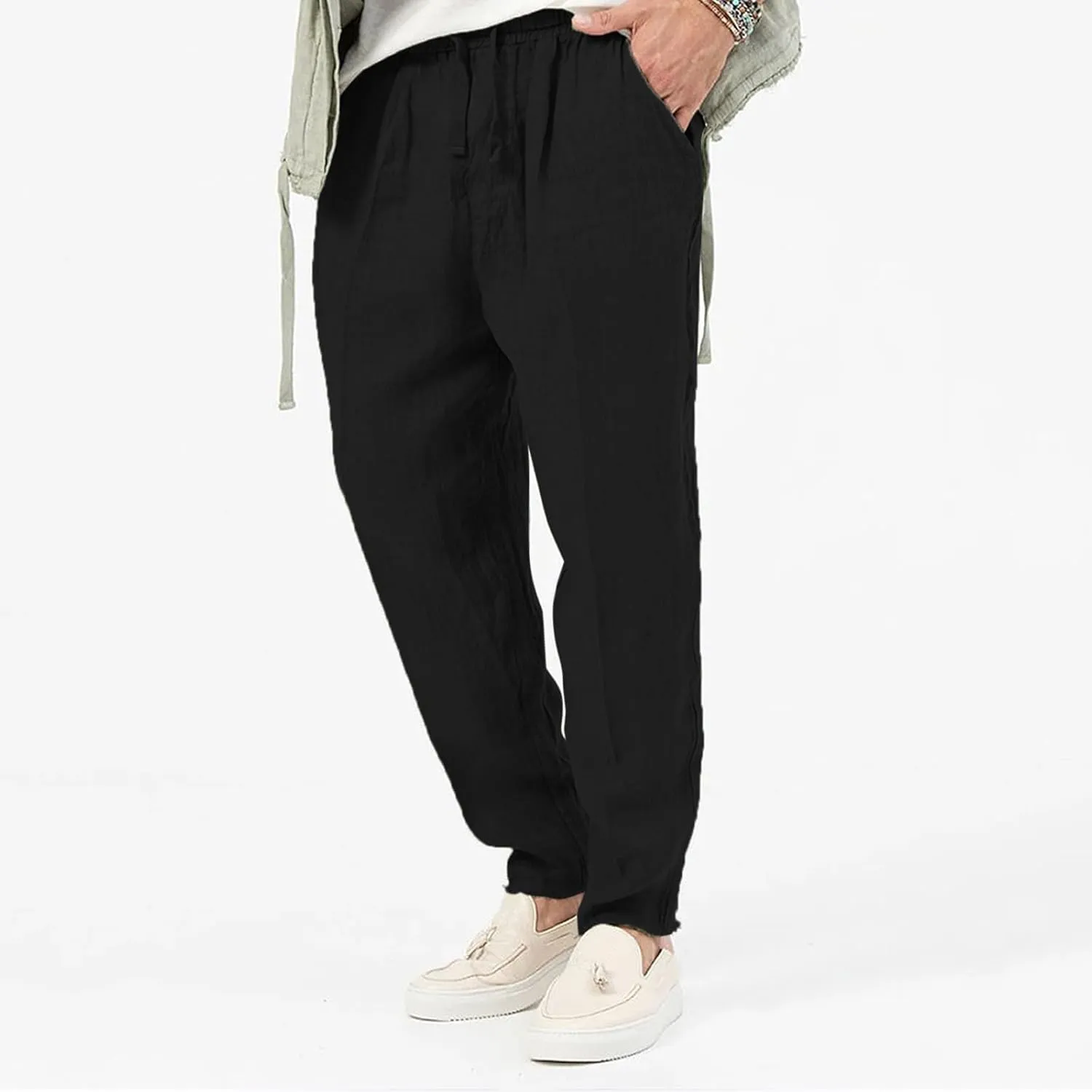 Mens Elastic Waist Pants Linen Drawstring Casual Pants Relaxed Fit Summer Beach Yoga Lightweight Trousers with Pocket