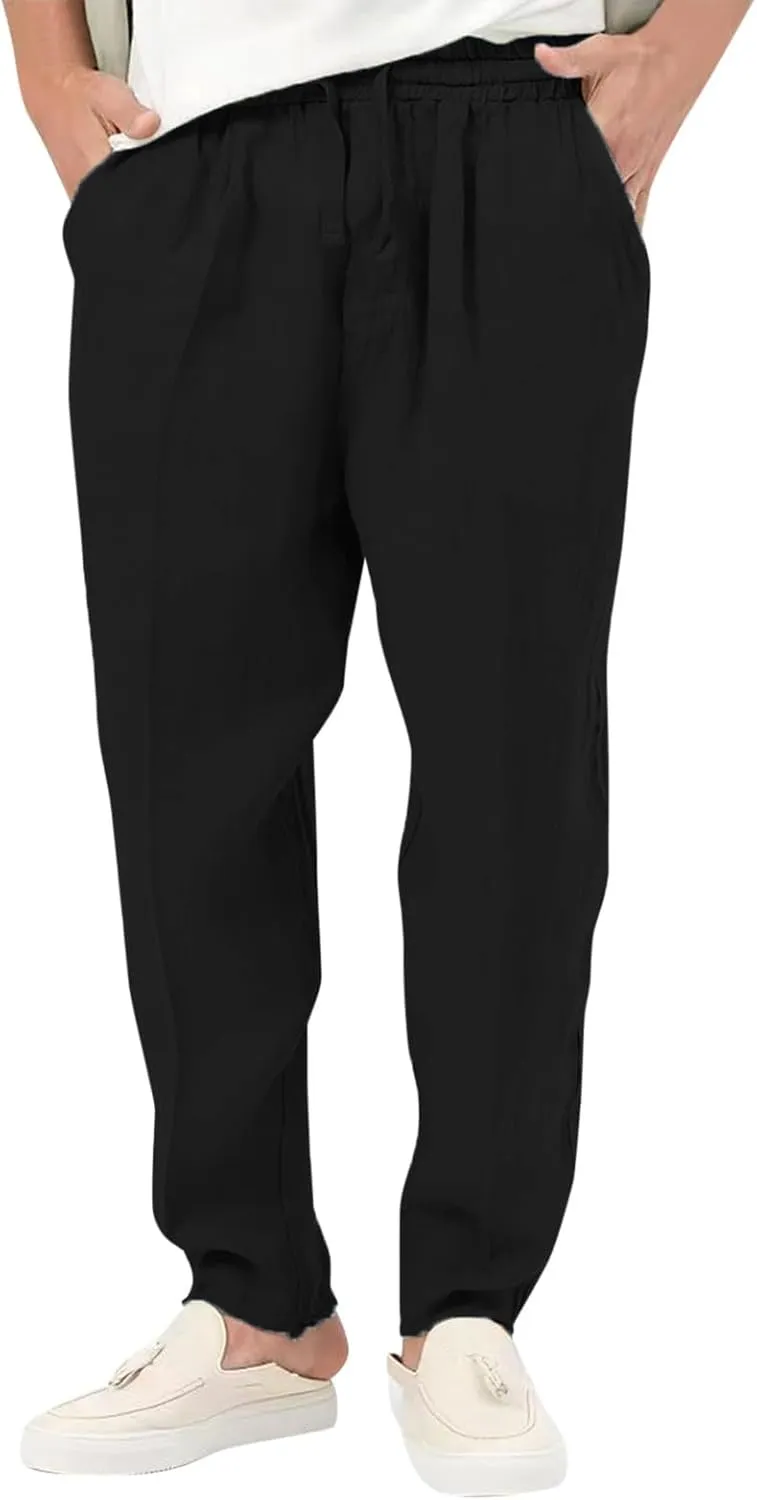 Mens Elastic Waist Pants Linen Drawstring Casual Pants Relaxed Fit Summer Beach Yoga Lightweight Trousers with Pocket