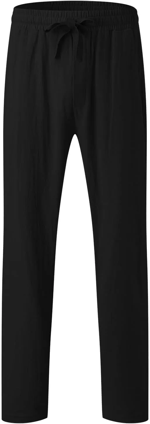 Mens Elastic Waist Pants Linen Drawstring Casual Pants Relaxed Fit Summer Beach Yoga Lightweight Trousers with Pocket