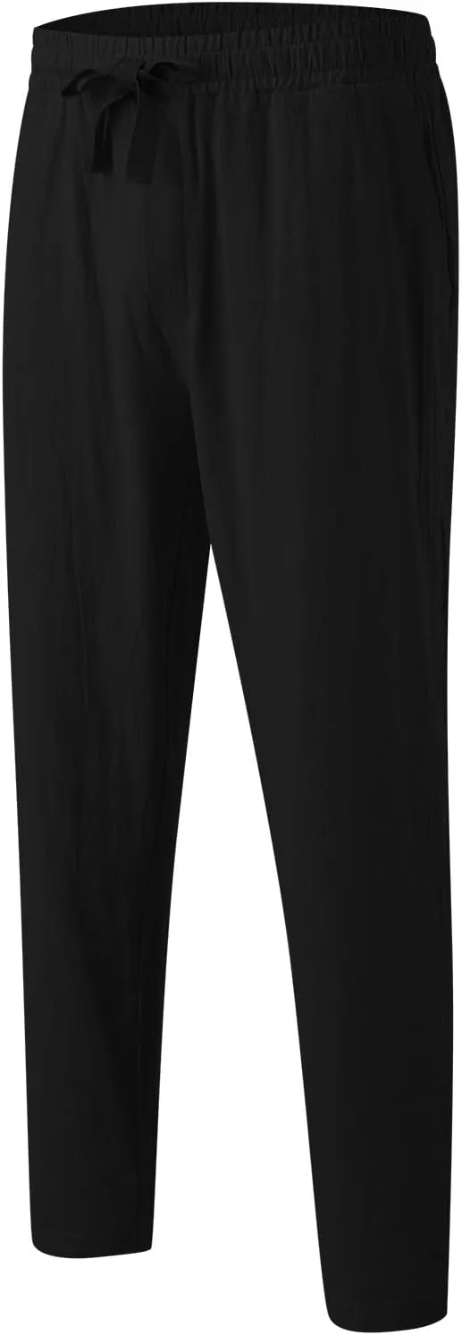 Mens Elastic Waist Pants Linen Drawstring Casual Pants Relaxed Fit Summer Beach Yoga Lightweight Trousers with Pocket