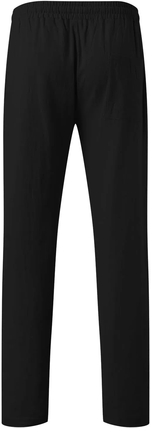 Mens Elastic Waist Pants Linen Drawstring Casual Pants Relaxed Fit Summer Beach Yoga Lightweight Trousers with Pocket