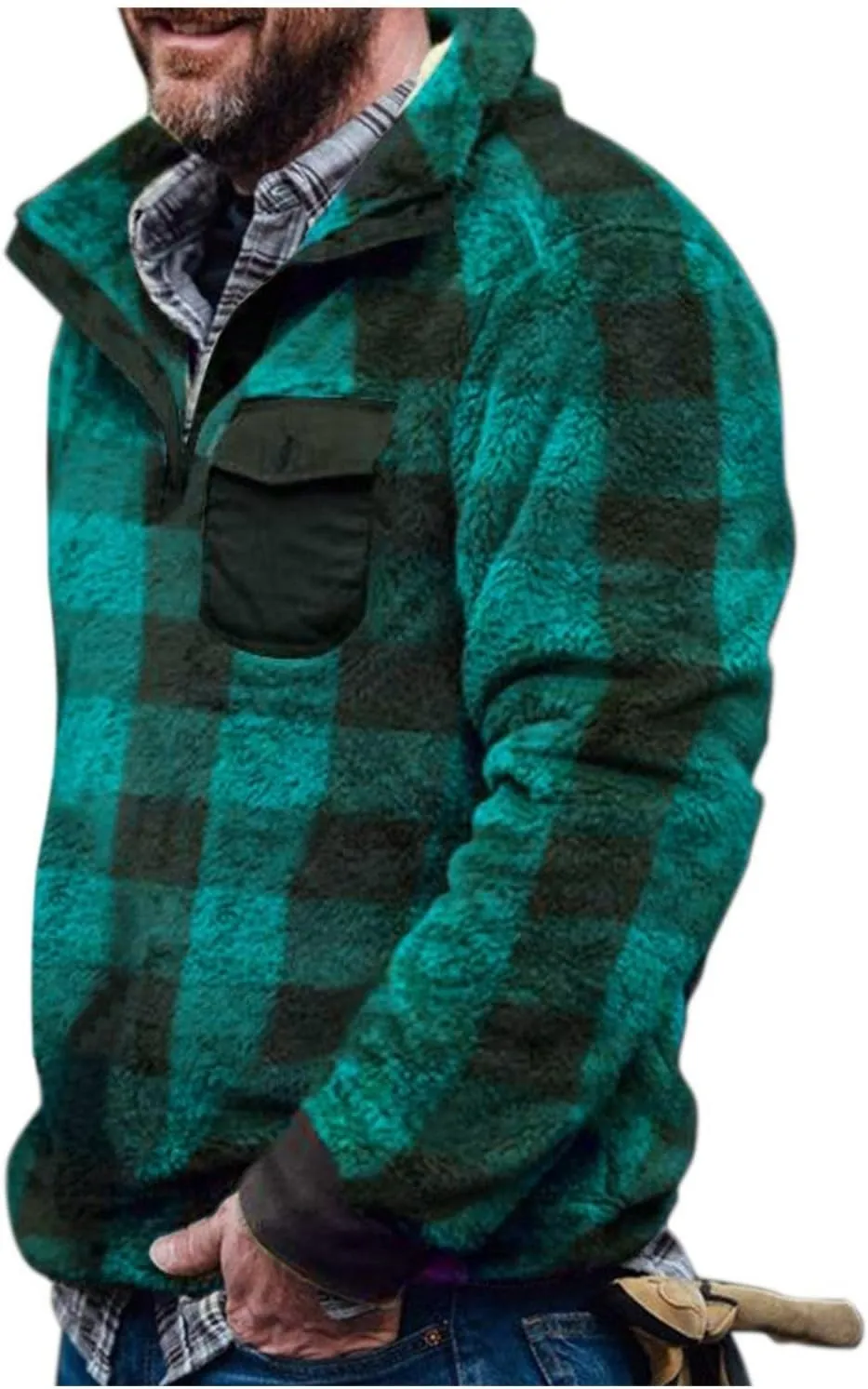 Mens Plaid 1/4 Zipper Sherpa Pullover Hoodies Sweatshirts Long Sleeve Flannel Fleece Jackets Winter Soft Warm Outwears