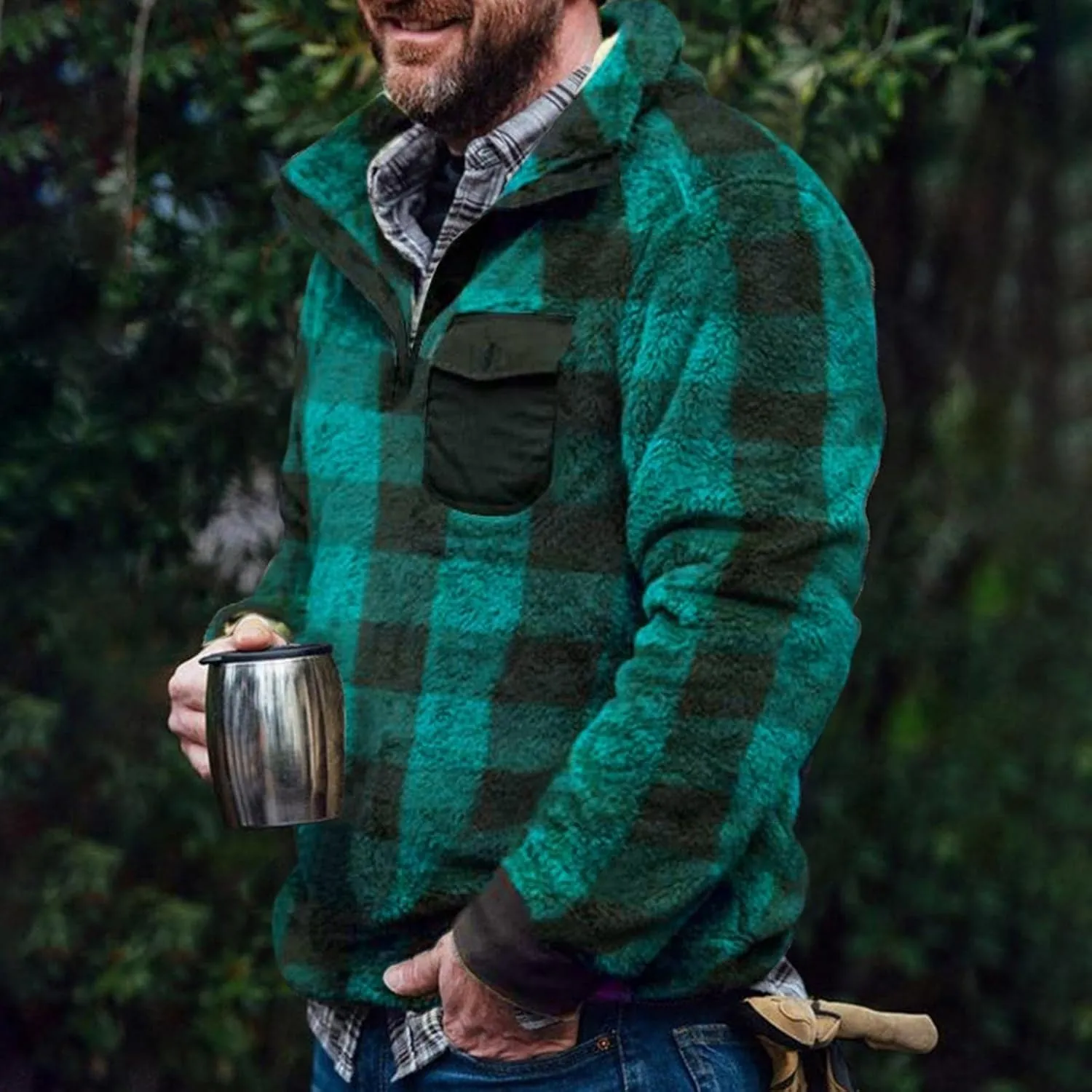 Mens Plaid 1/4 Zipper Sherpa Pullover Hoodies Sweatshirts Long Sleeve Flannel Fleece Jackets Winter Soft Warm Outwears