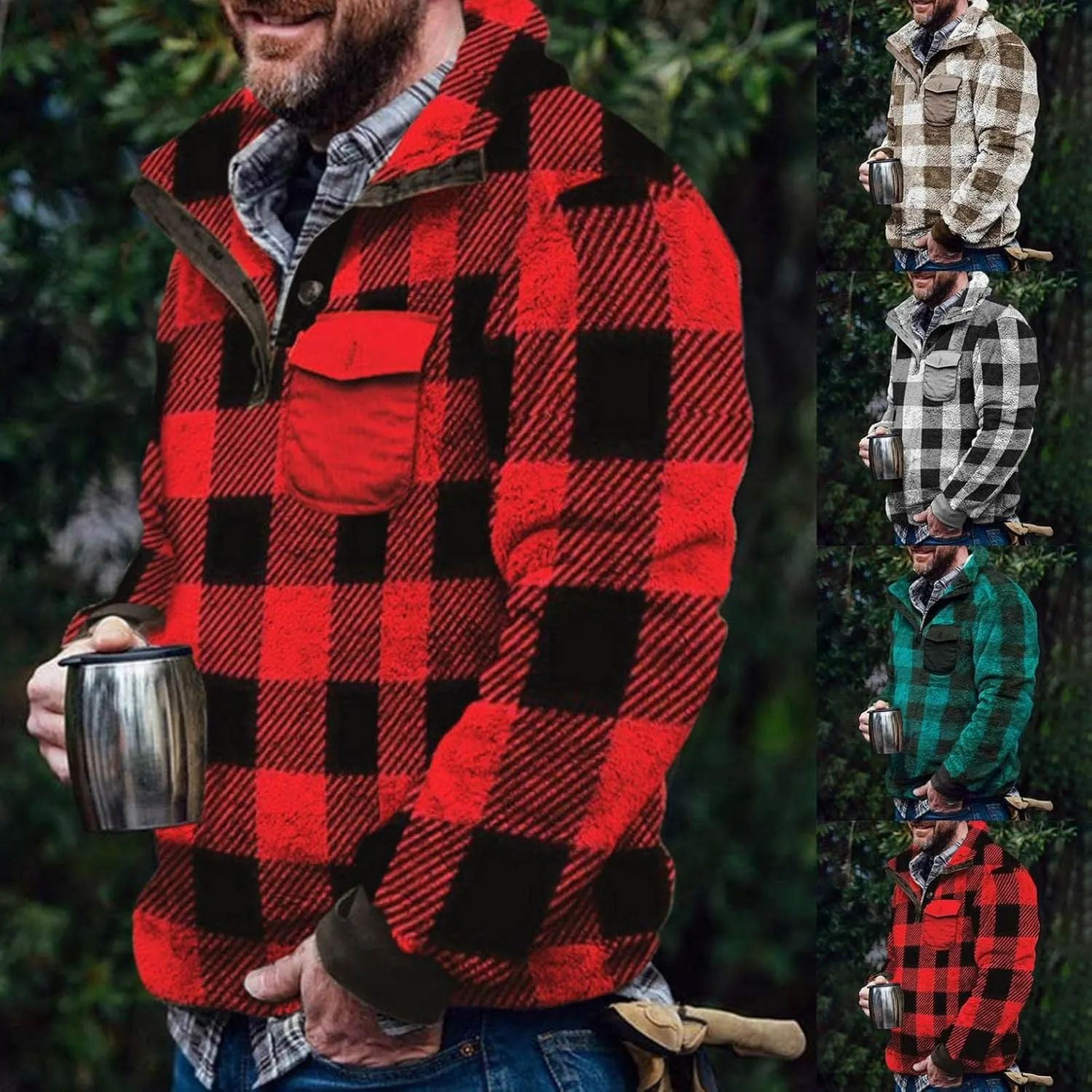 Mens Plaid 1/4 Zipper Sherpa Pullover Hoodies Sweatshirts Long Sleeve Flannel Fleece Jackets Winter Soft Warm Outwears