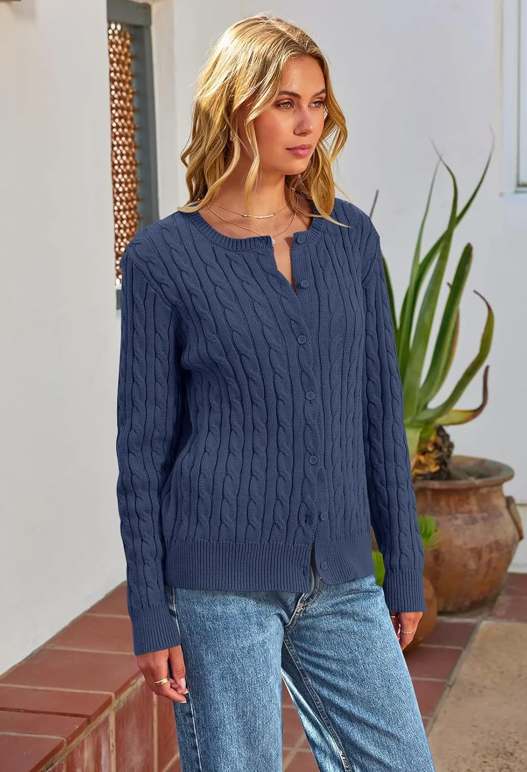MEROKEETY Women's Cable Knit Open Front Cardigan Sweaters Fall Long Sleeve Button Down Soft Outwear