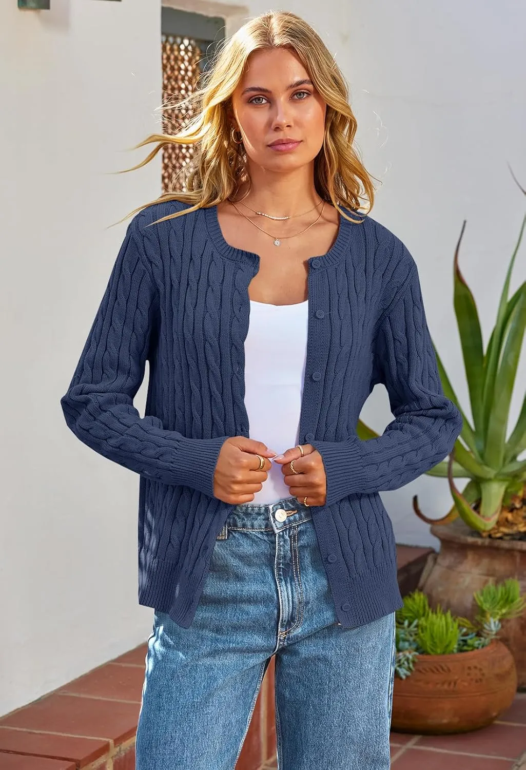 MEROKEETY Women's Cable Knit Open Front Cardigan Sweaters Fall Long Sleeve Button Down Soft Outwear