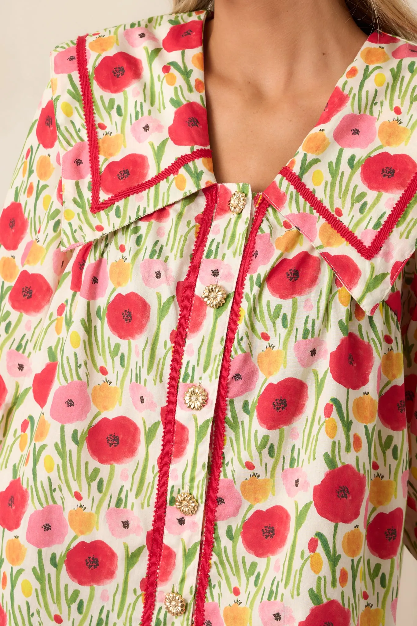 Morning Delight Cotton Red Button Front Blouse