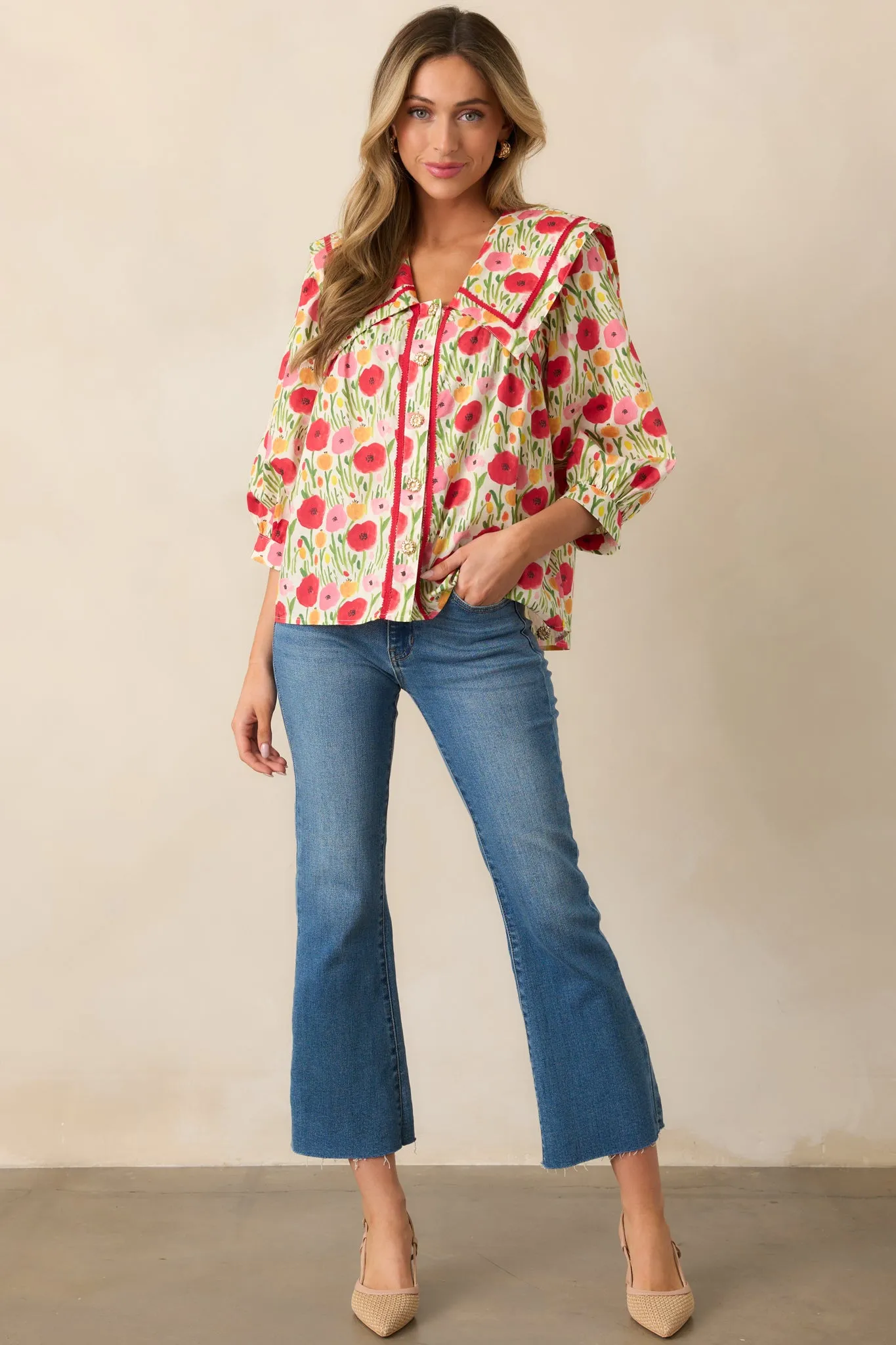 Morning Delight Cotton Red Button Front Blouse
