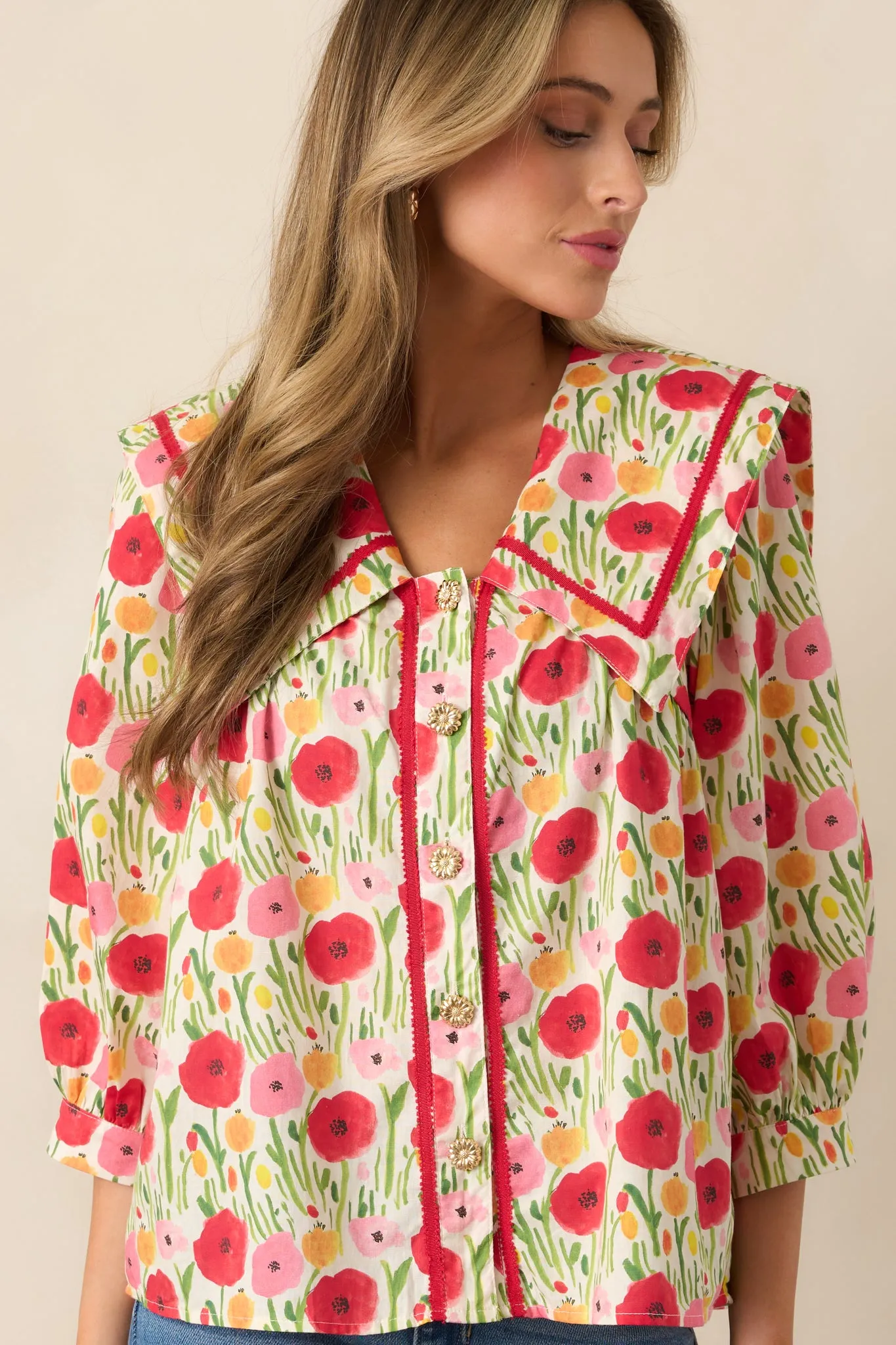 Morning Delight Cotton Red Button Front Blouse