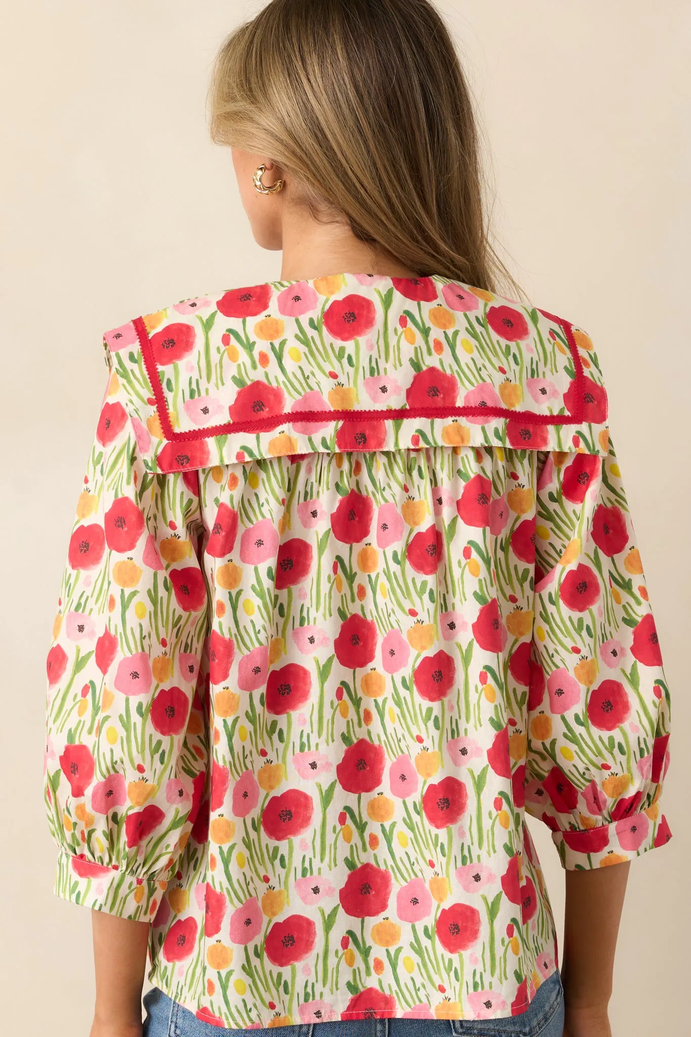 Morning Delight Cotton Red Button Front Blouse