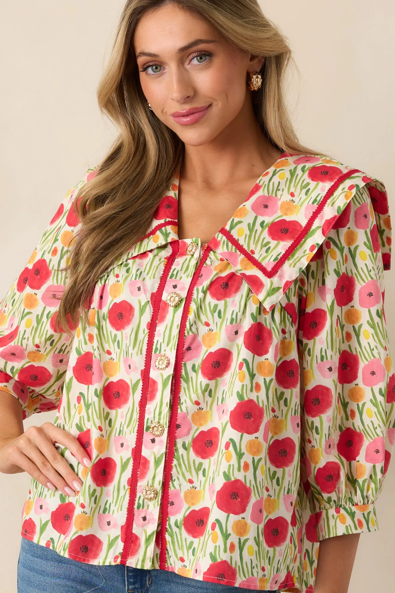 Morning Delight Cotton Red Button Front Blouse