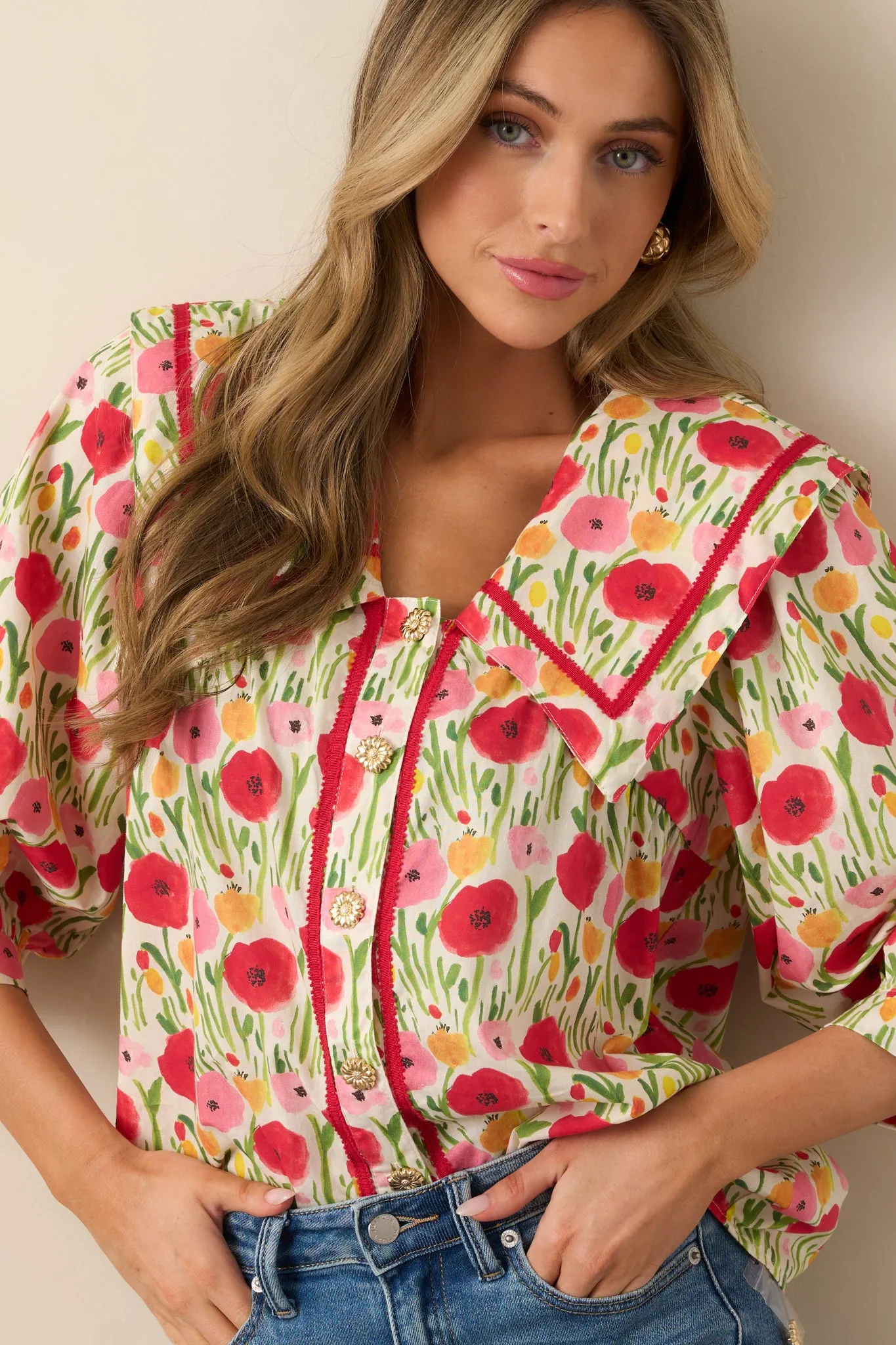 Morning Delight Cotton Red Button Front Blouse