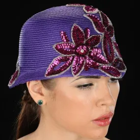 NA1025-Purple Dress Hat with Sequins Flower Design