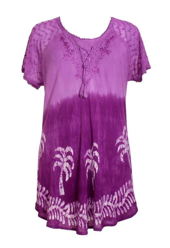 Palm Tree Print Ombre Dye Cap Sleeve Blouse 18713