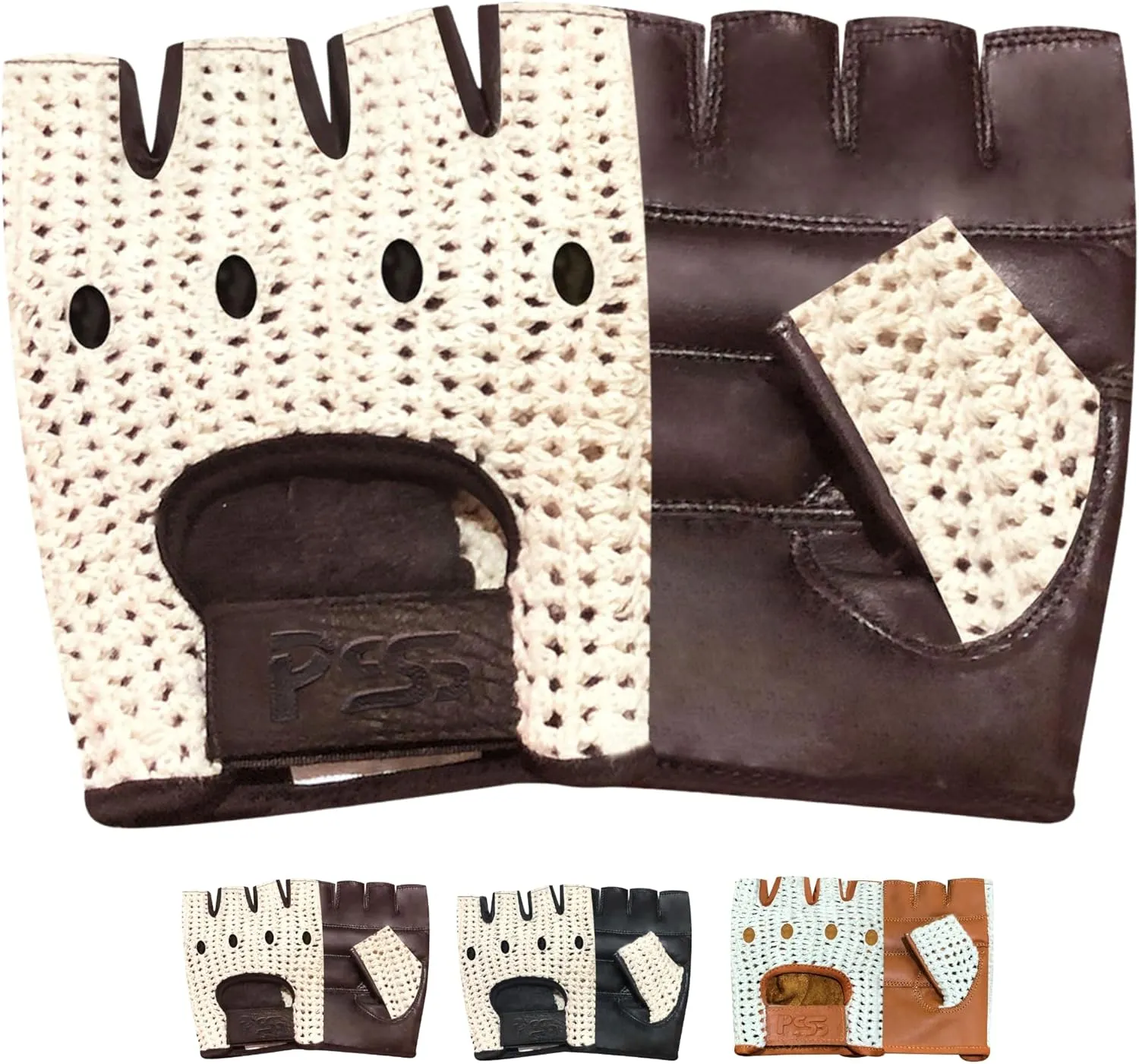 PSS Real Cow Hide Leather Finger Less Off White Mesh Net Bus, Driving, Cycling, Training, Wheelchair and Gardening Gloves Model 416 Available Size S, M, L, XL (416 Brown, XL)