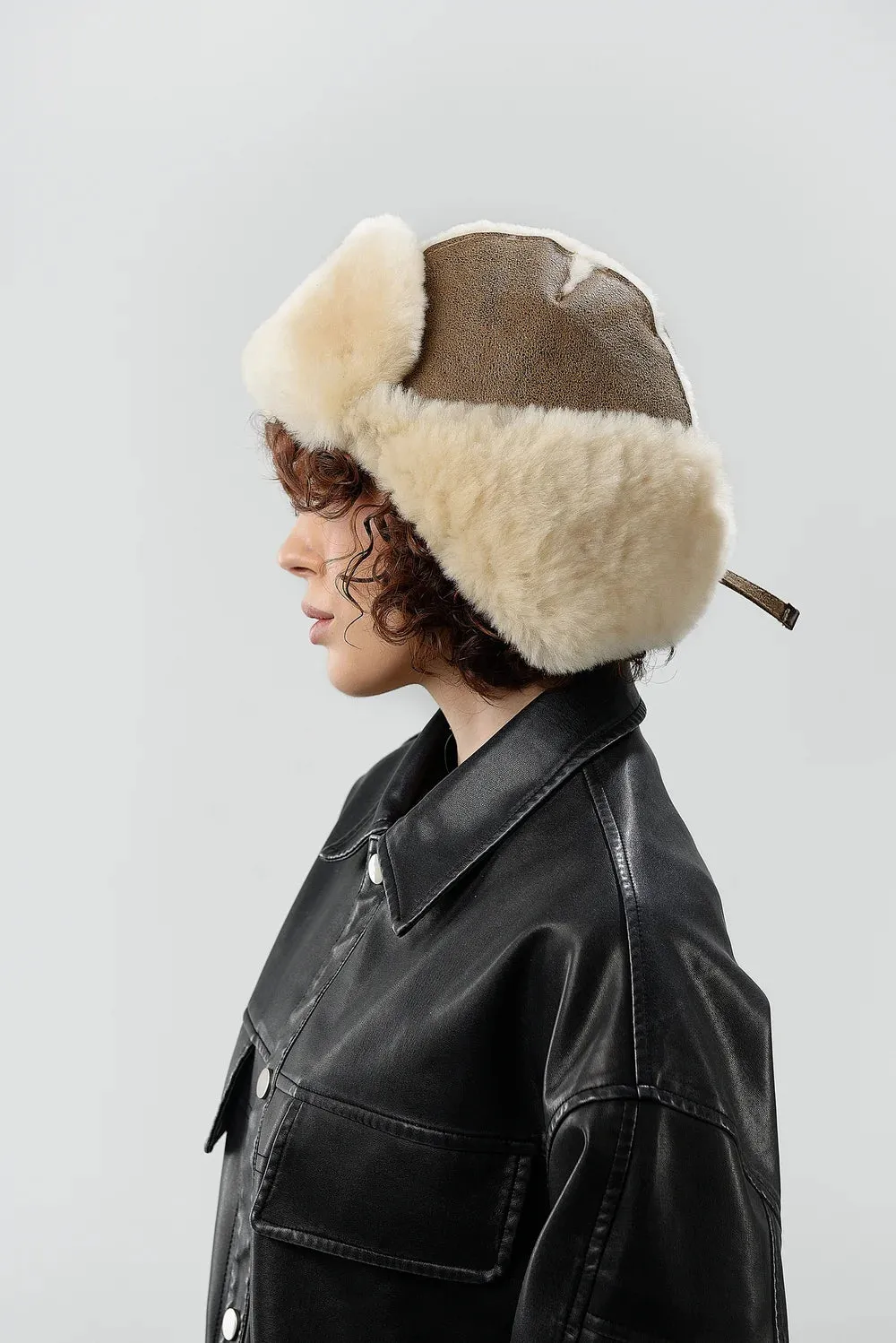 Real Sheepskin Shearling Winter Aviator Hat with Ear Flaps for Women