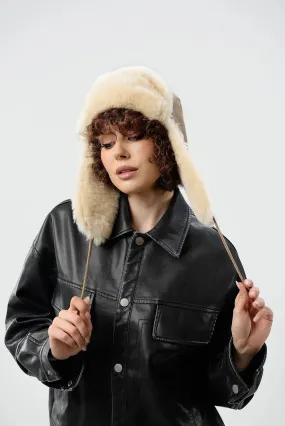Real Sheepskin Shearling Winter Aviator Hat with Ear Flaps for Women