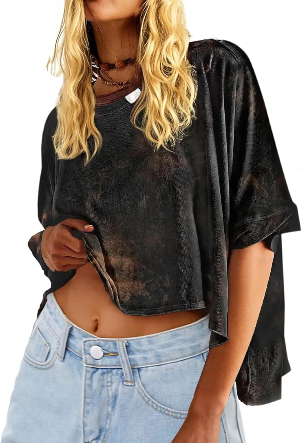 Remidoo Womens Oversized Crop Top Tie Dye Shirt Crewneck Short Sleeve T-Shirt