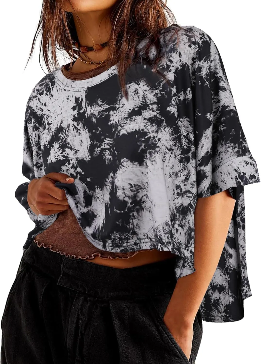 Remidoo Womens Oversized Crop Top Tie Dye Shirt Crewneck Short Sleeve T-Shirt