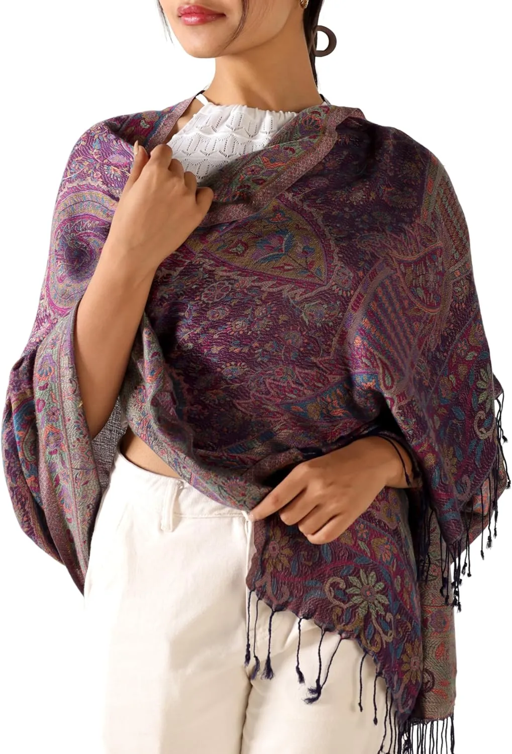 Soft Silky Cashmere Pashmina Scarf Lightweight Ethnic Paisley Winter Travel Wrap Shawl for Evening Dresses - 77" x 28"