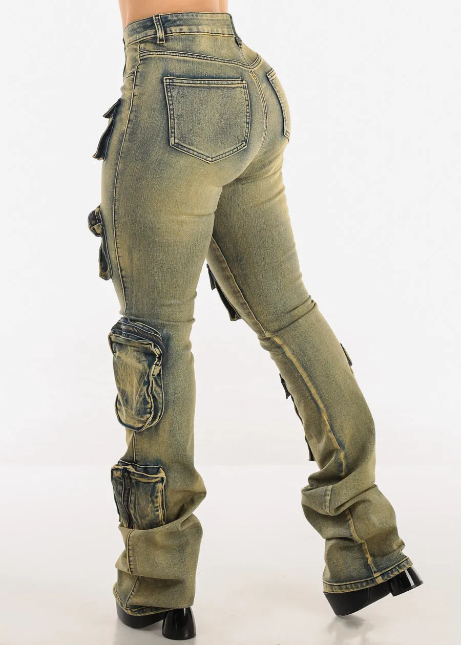 Stretchy High Waist Cargo Stacked Leg Jeans Vintage Wash