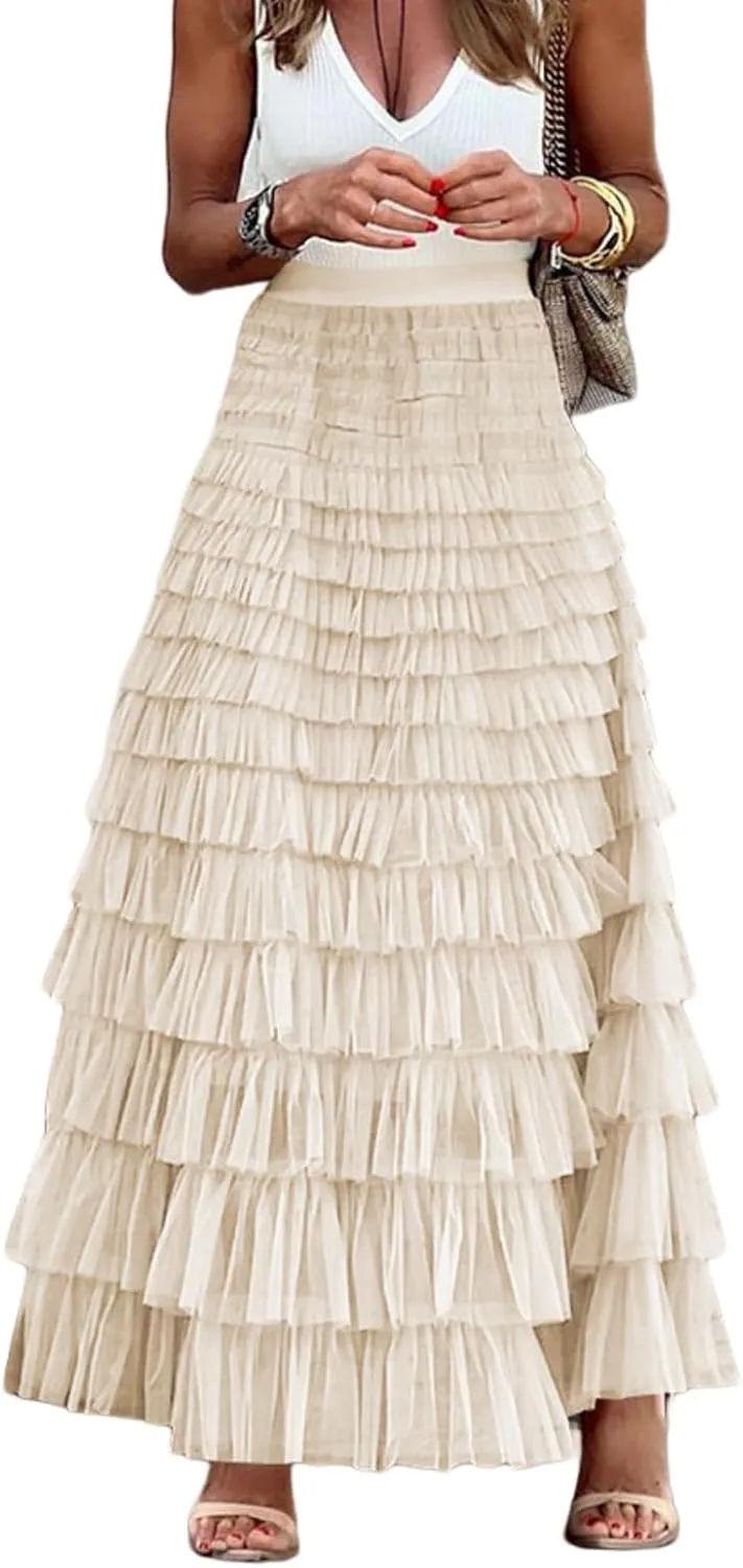 Tulle Skirts for Women,Trendy High Waisted Elastic Waist Ruffle Tiered A-Line Belt Tulle Maxi Dresses
