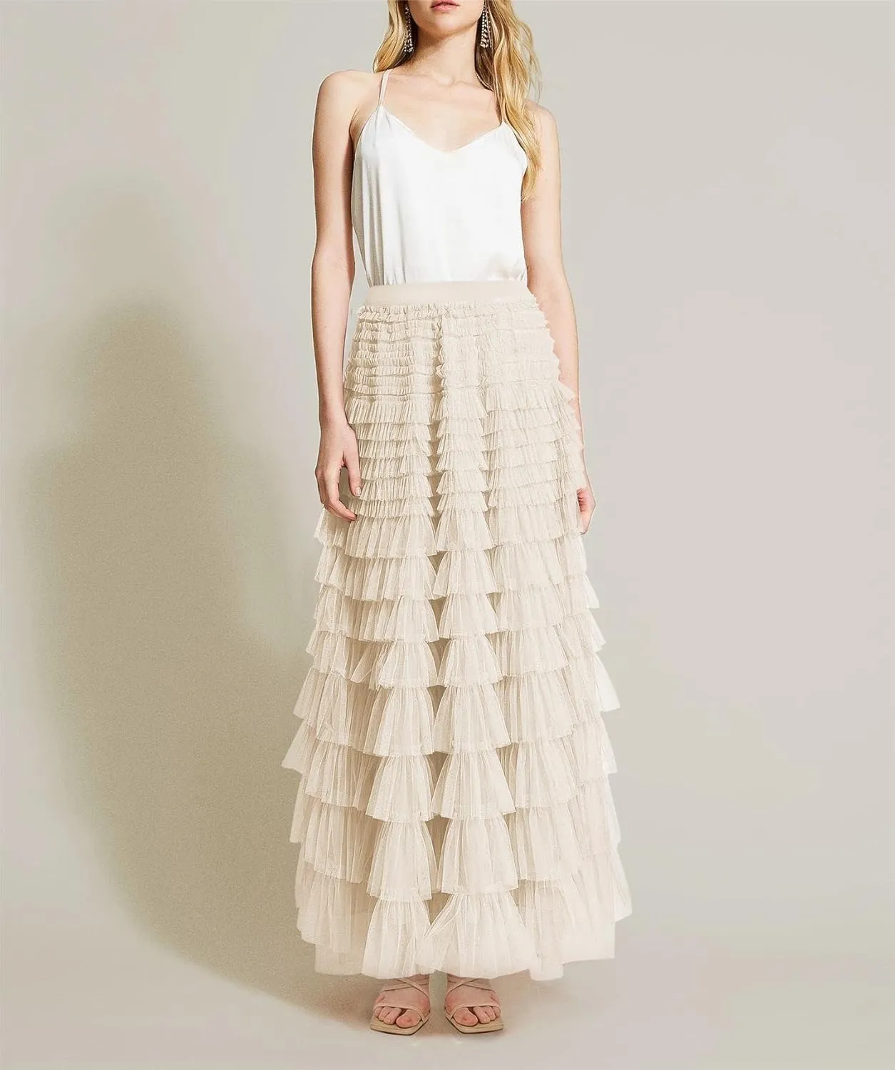 Tulle Skirts for Women,Trendy High Waisted Elastic Waist Ruffle Tiered A-Line Belt Tulle Maxi Dresses