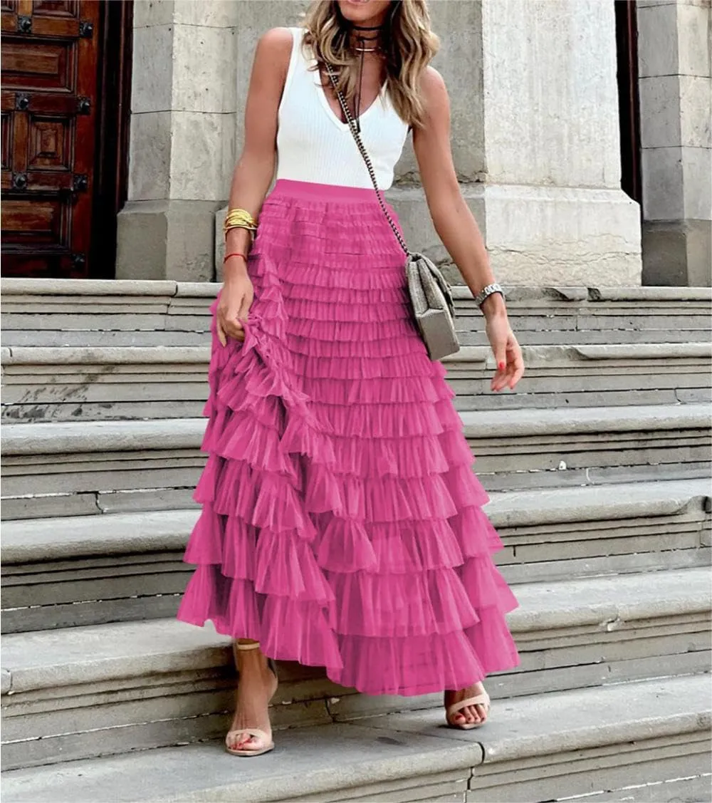 Tulle Skirts for Women,Trendy High Waisted Elastic Waist Ruffle Tiered A-Line Belt Tulle Maxi Dresses