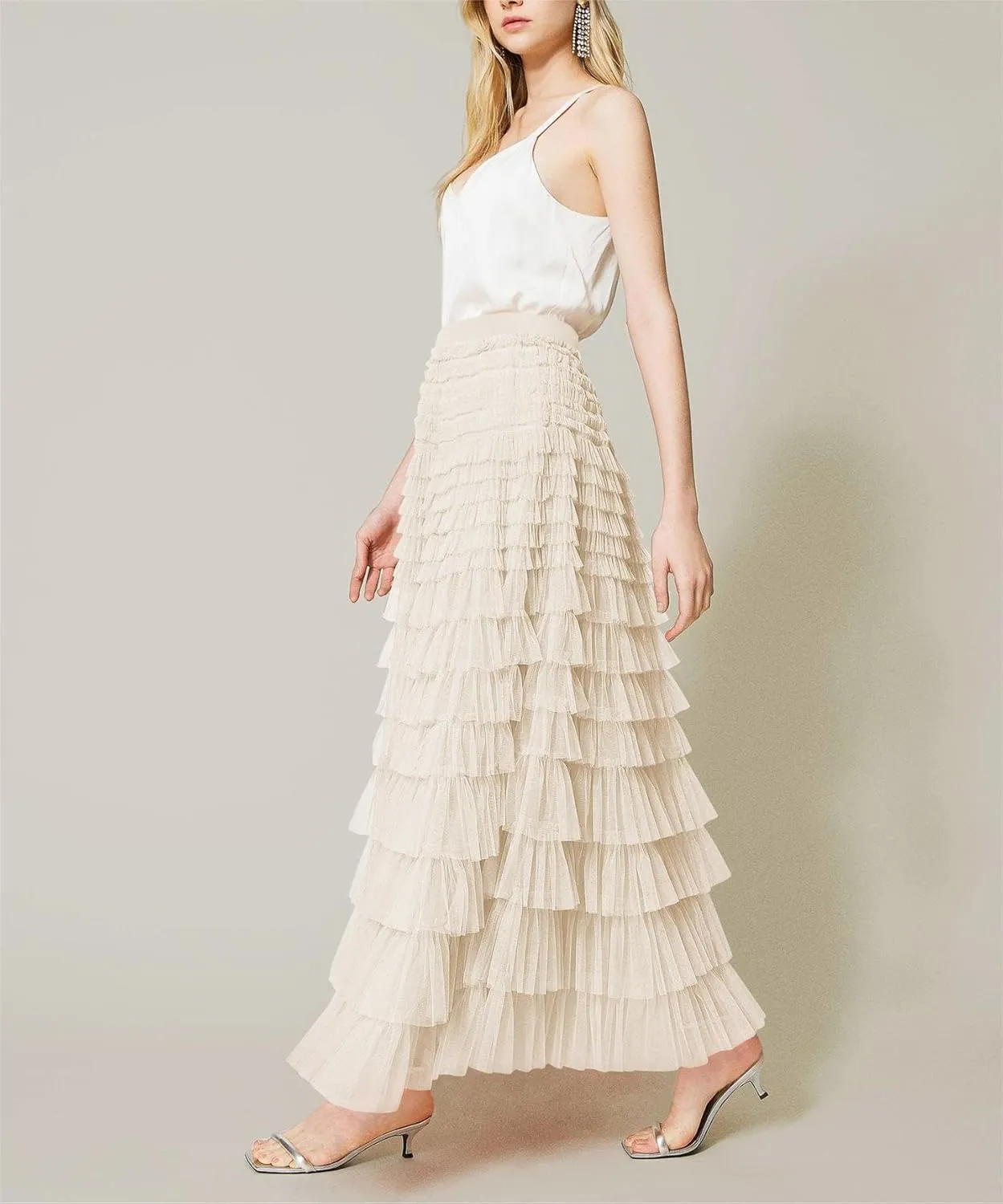 Tulle Skirts for Women,Trendy High Waisted Elastic Waist Ruffle Tiered A-Line Belt Tulle Maxi Dresses