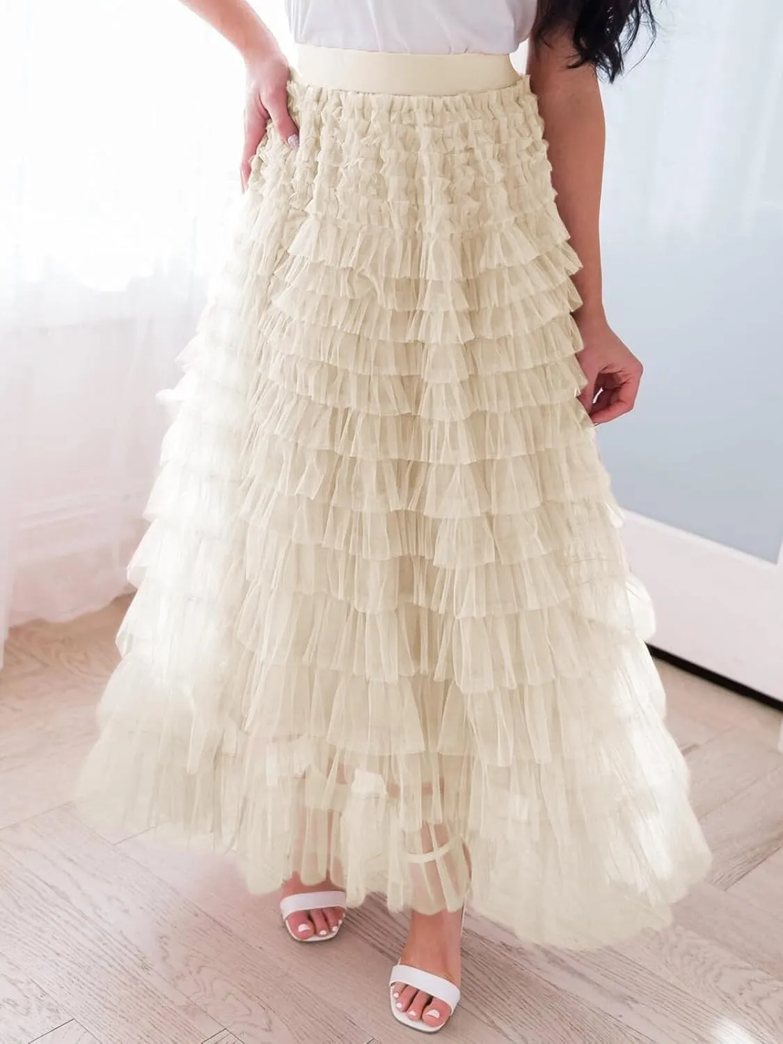 Tulle Skirts for Women,Trendy High Waisted Elastic Waist Ruffle Tiered A-Line Belt Tulle Maxi Dresses