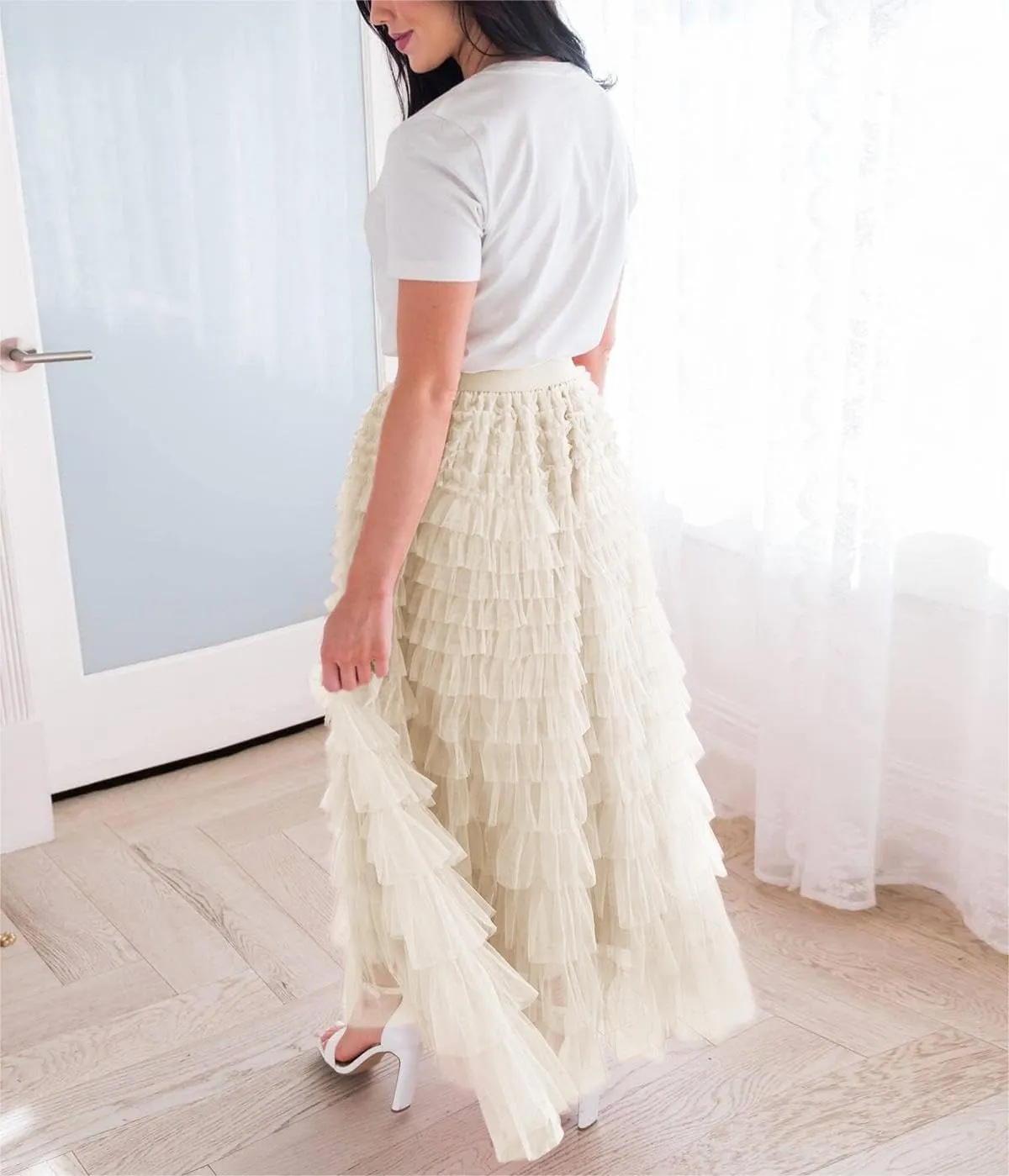 Tulle Skirts for Women,Trendy High Waisted Elastic Waist Ruffle Tiered A-Line Belt Tulle Maxi Dresses