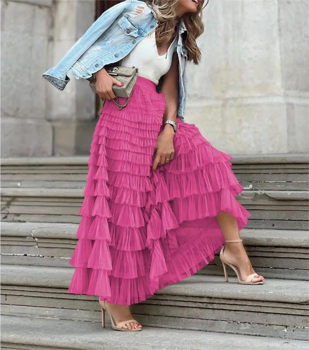 Tulle Skirts for Women,Trendy High Waisted Elastic Waist Ruffle Tiered A-Line Belt Tulle Maxi Dresses