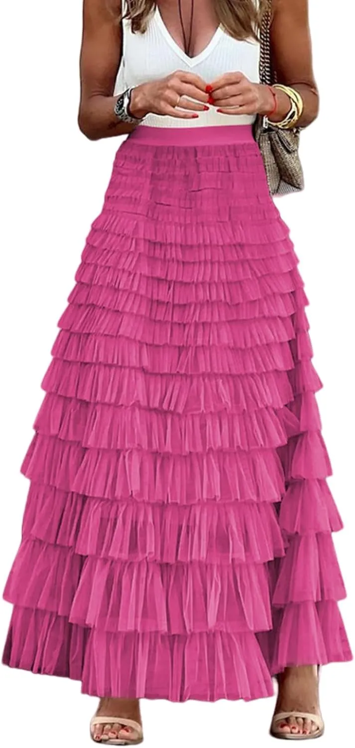 Tulle Skirts for Women,Trendy High Waisted Elastic Waist Ruffle Tiered A-Line Belt Tulle Maxi Dresses