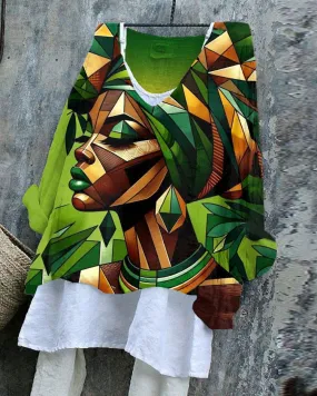 Vintage African Woman Linen Blend Flowy Tunic