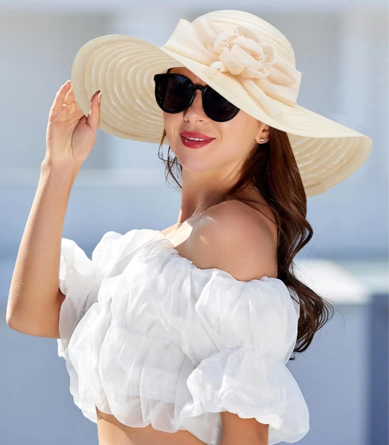 Wide-Brim Floppy-Kentucky-Hat for Womens - Foldable Lace Sun-Hats with Flower Fascinator Tea Party Wedding Hat