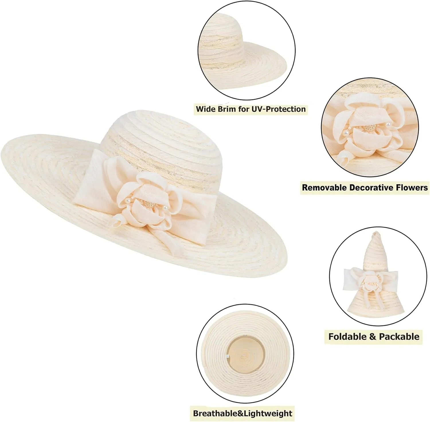 Wide-Brim Floppy-Kentucky-Hat for Womens - Foldable Lace Sun-Hats with Flower Fascinator Tea Party Wedding Hat