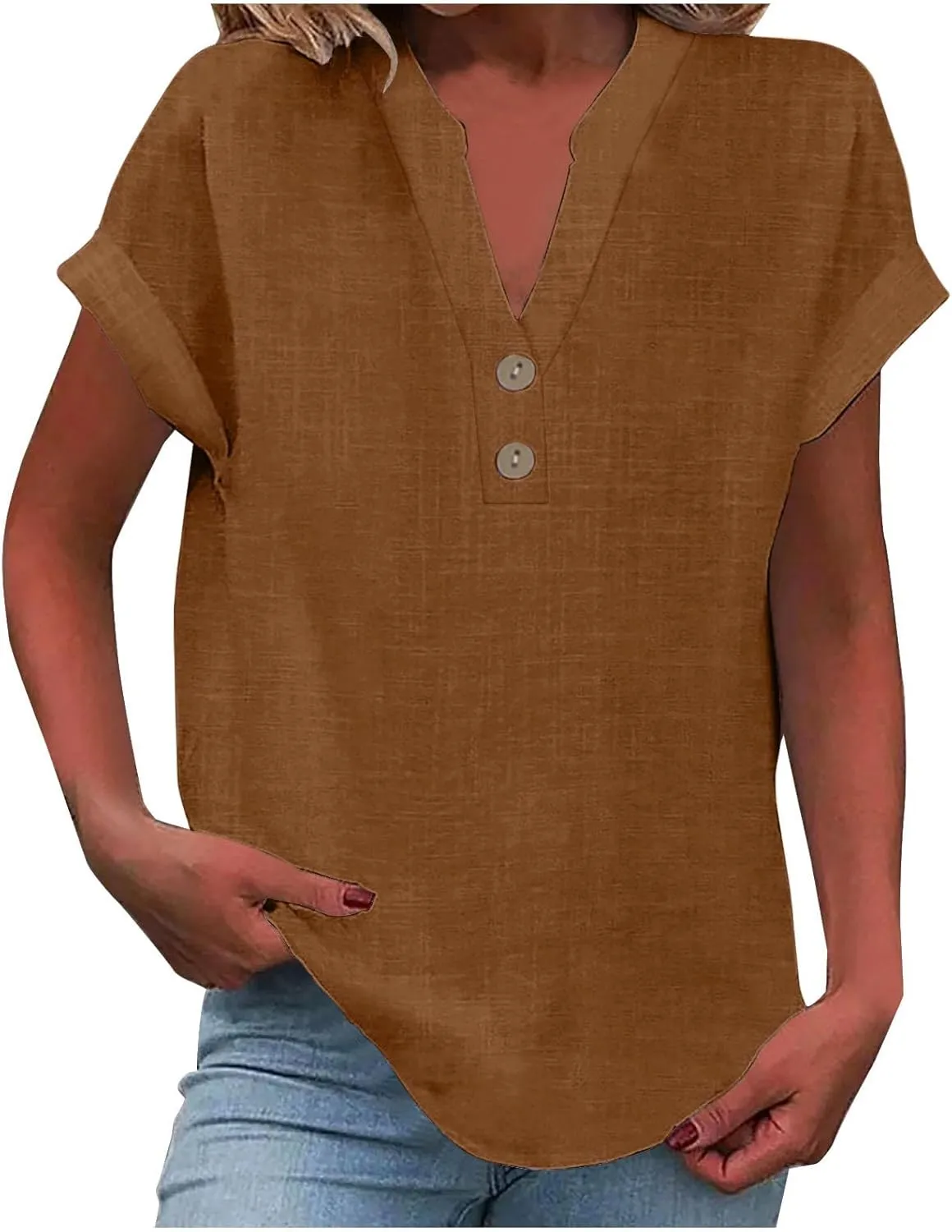 Women Button V Neck Henley Tops Summer Cotton Linen T Shirt Loose Short Sleeve Tunic Cute Casual Boho Shirts