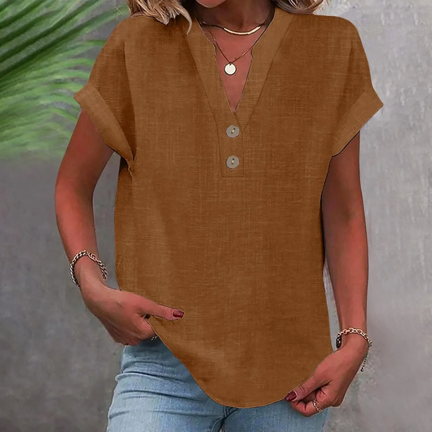 Women Button V Neck Henley Tops Summer Cotton Linen T Shirt Loose Short Sleeve Tunic Cute Casual Boho Shirts