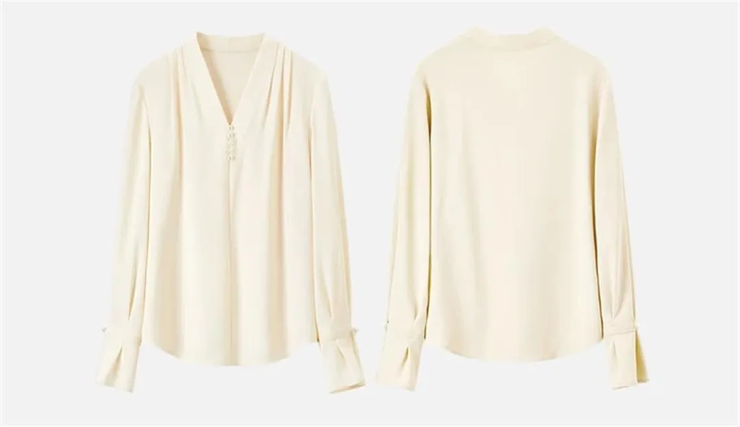 Women Chiffon Straight Blouse V Neck Flare Sleeve Folds Blouse Pearl Office Lady Elegant Top