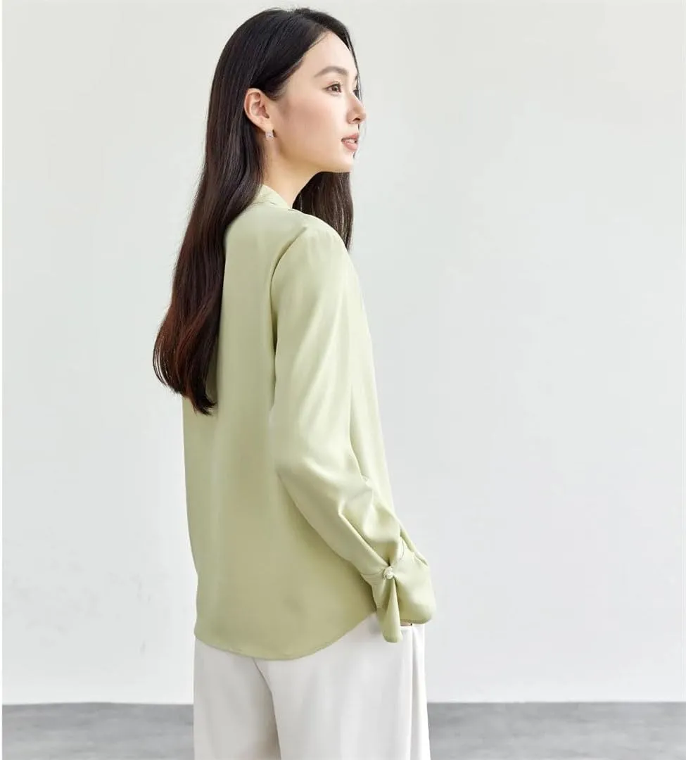 Women Chiffon Straight Blouse V Neck Flare Sleeve Folds Blouse Pearl Office Lady Elegant Top