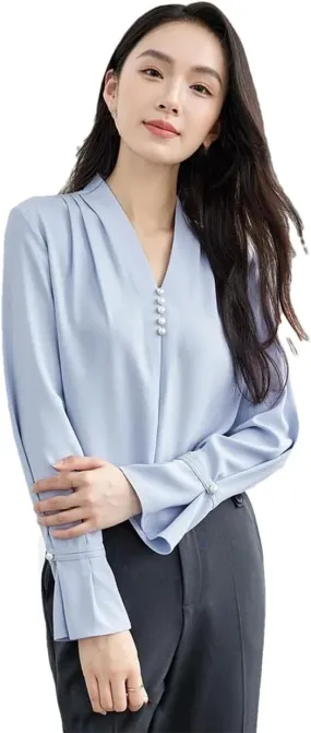 Women Chiffon Straight Blouse V Neck Flare Sleeve Folds Blouse Pearl Office Lady Elegant Top