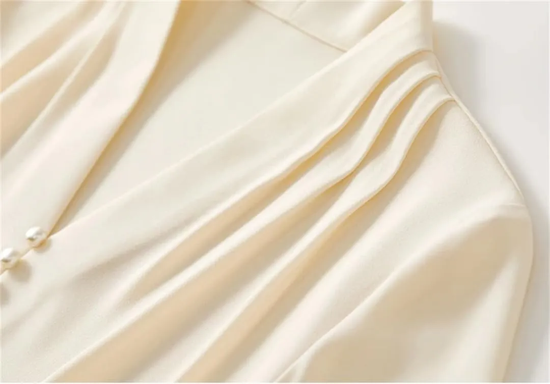 Women Chiffon Straight Blouse V Neck Flare Sleeve Folds Blouse Pearl Office Lady Elegant Top
