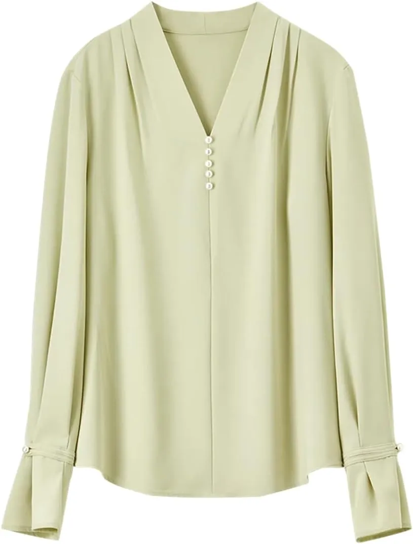 Women Chiffon Straight Blouse V Neck Flare Sleeve Folds Blouse Pearl Office Lady Elegant Top