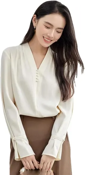 Women Chiffon Straight Blouse V Neck Flare Sleeve Folds Blouse Pearl Office Lady Elegant Top