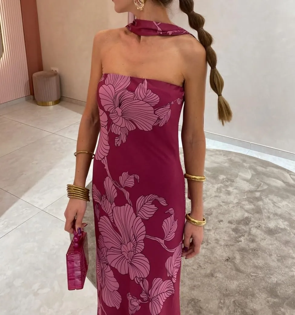 Women Floral Maxi Dress with Scarf Elegant Strapless Backless Bodycon Long Dress Y2k Tube Cocktail Sundress