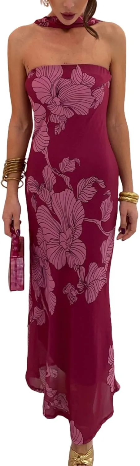 Women Floral Maxi Dress with Scarf Elegant Strapless Backless Bodycon Long Dress Y2k Tube Cocktail Sundress