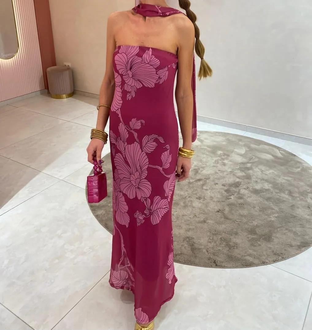 Women Floral Maxi Dress with Scarf Elegant Strapless Backless Bodycon Long Dress Y2k Tube Cocktail Sundress