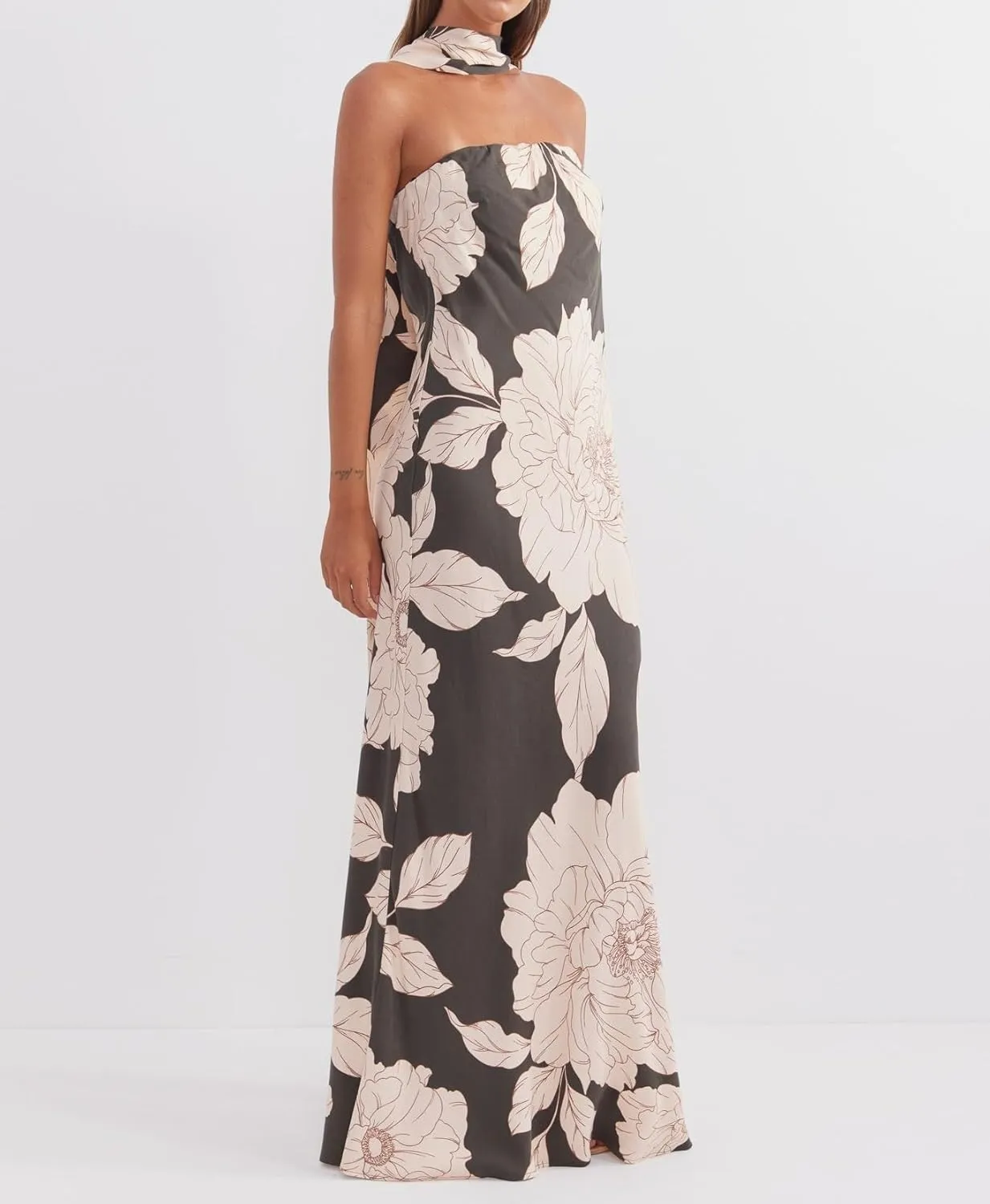 Women Floral Maxi Dress with Scarf Elegant Strapless Backless Bodycon Long Dress Y2k Tube Cocktail Sundress