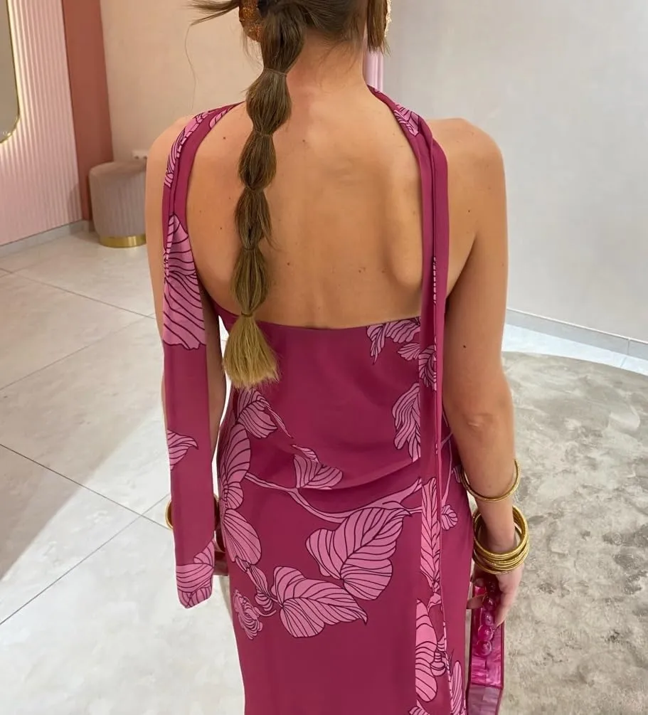 Women Floral Maxi Dress with Scarf Elegant Strapless Backless Bodycon Long Dress Y2k Tube Cocktail Sundress