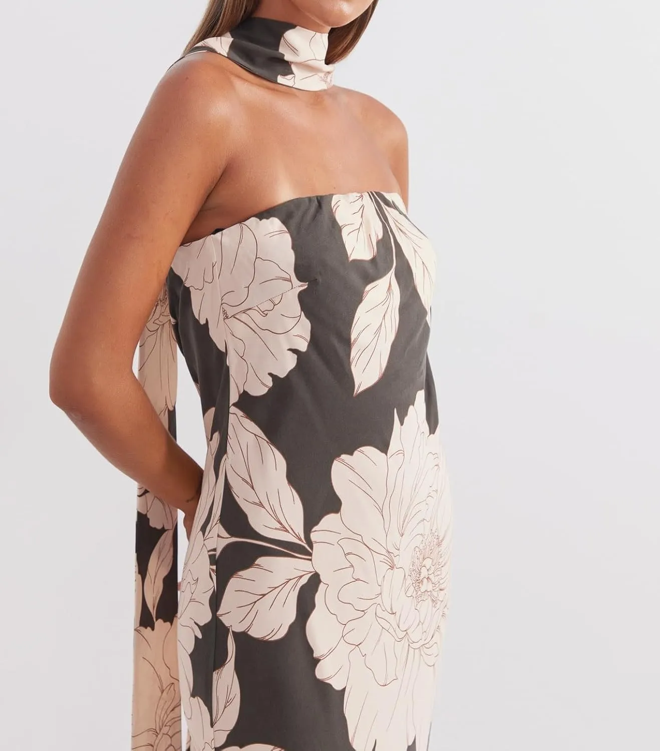 Women Floral Maxi Dress with Scarf Elegant Strapless Backless Bodycon Long Dress Y2k Tube Cocktail Sundress